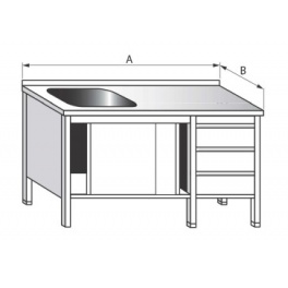 Mycí stůl jednodřezový s pracovní plochou skříňový, rozměry (šxhxv) 1800 x 700 x 900 mm, se zásuvkovým boxem a posuvnými dveřmi